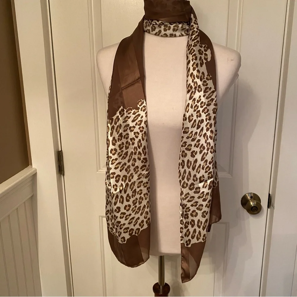 DONCASTER SCARF BROWN WHITE ANIMAL PRINT SILK LONG RECTANGLE ACCESSORY